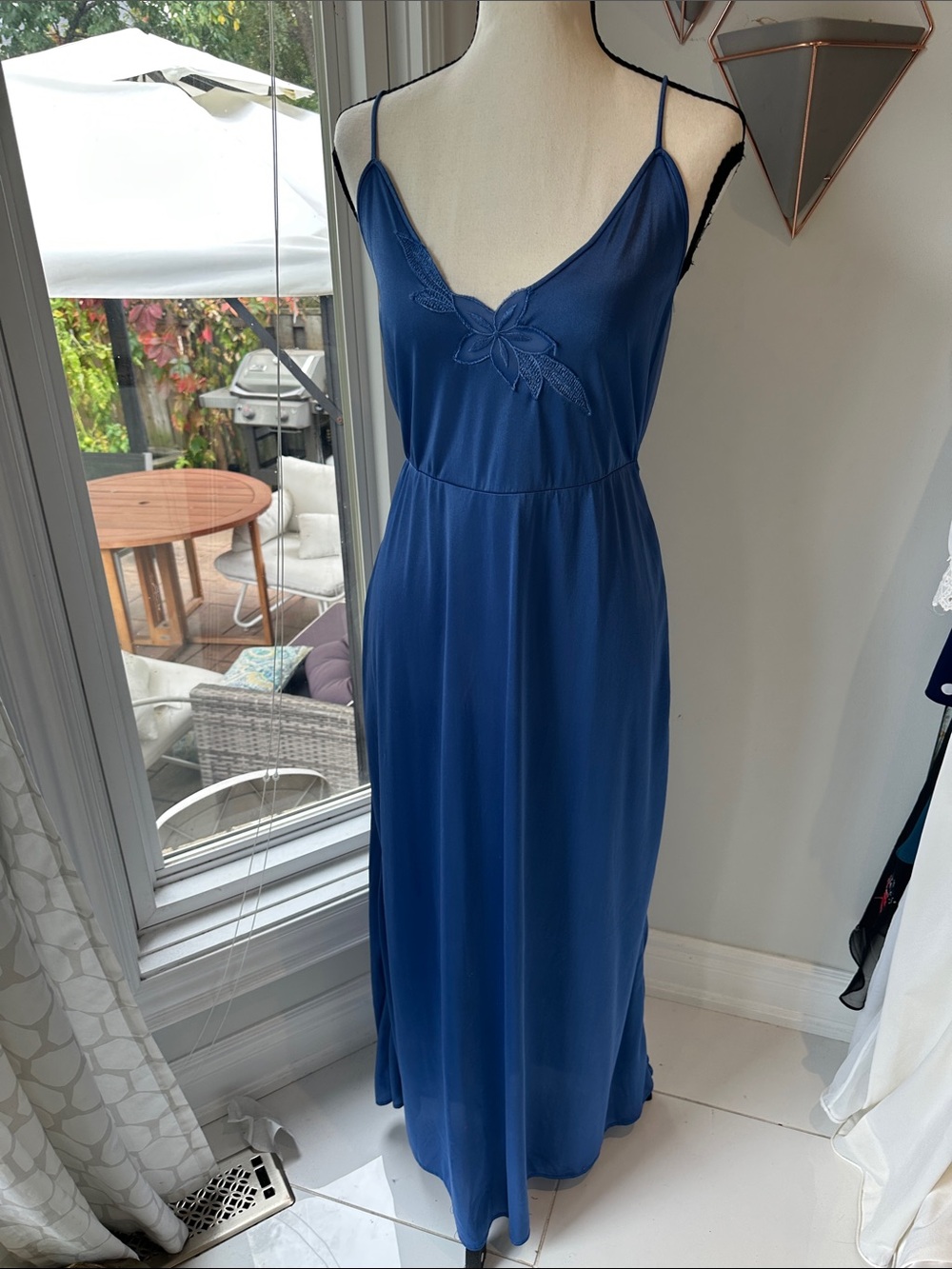 VINTAGE Blue Slip Maxi Dress with Floral Applique V-Neck Nightgown Medium Large